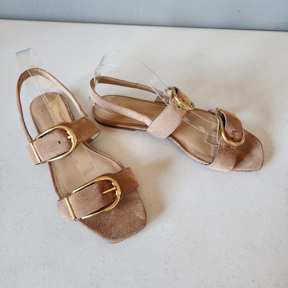 Veronica Beard Maglio Tan Buckle Strap Sandals with Gold Hardware - Picture 7 of 16